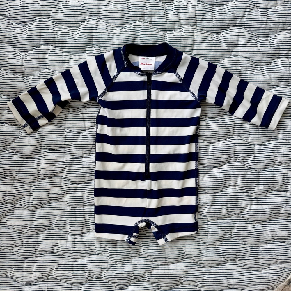 Hanna Andersson Navy and White Striped Baby Swimsuit Rashguard, Size 3-6 months